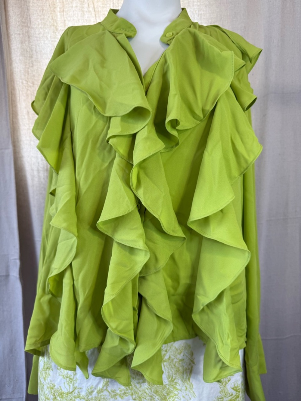 Luxe Lime Green Ruffled V-Neck Blouse